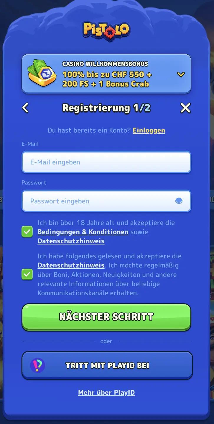 Erstes Registrierungsformular Pistolo Casino Registrierung Schritt 1 Pistolo